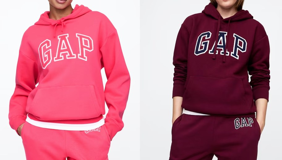 two women in pink and maroon gap hoodies