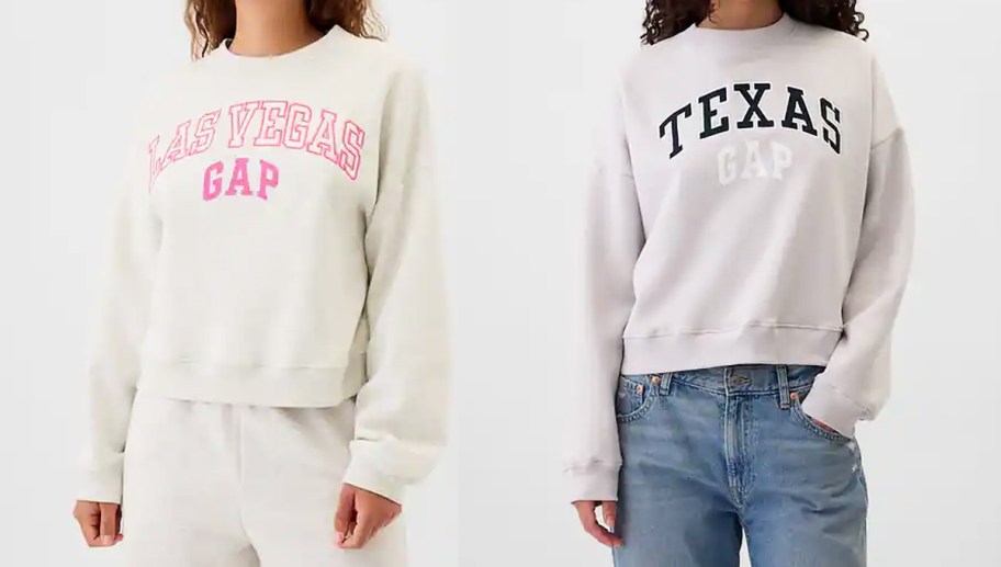 two women in vegas and texas gap sweatshirts