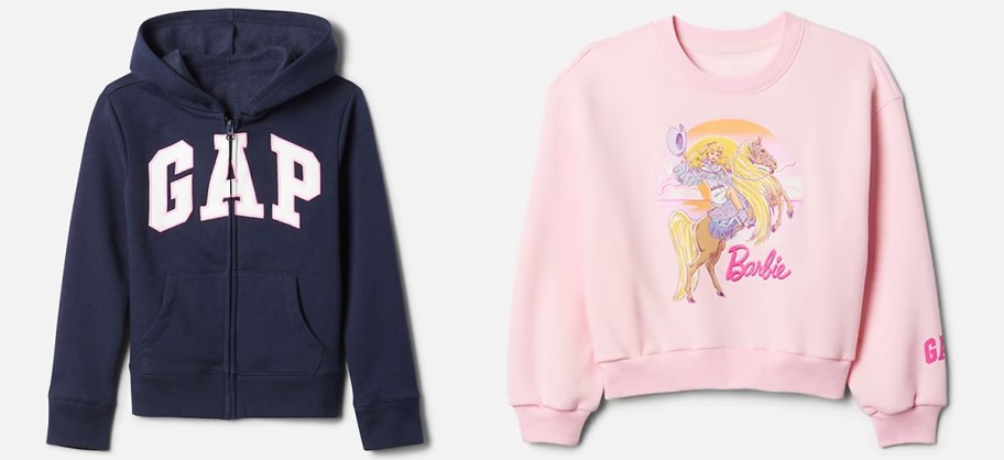 navy blue gap zip-up sweatshirt and pink barbie sweatshirt