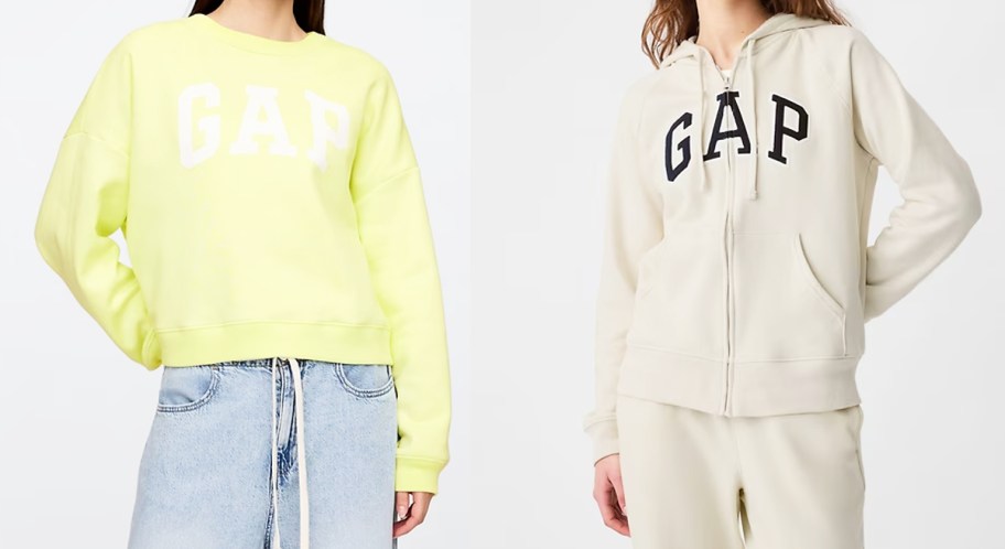 woman in bright yellow sweatshirt and woman in beige zip-up sweatshirt