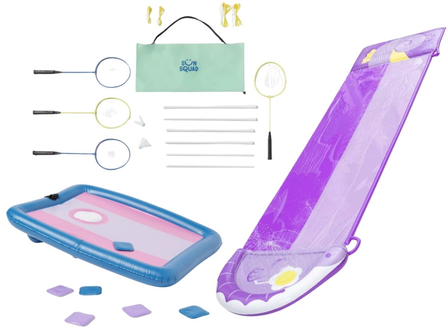a badminton game set, a pool cornhole game set, and a purple water slide
