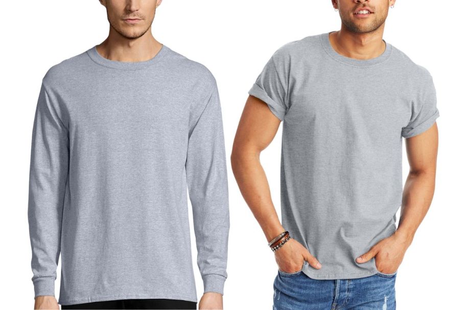 two male models wearing grey tee shirts