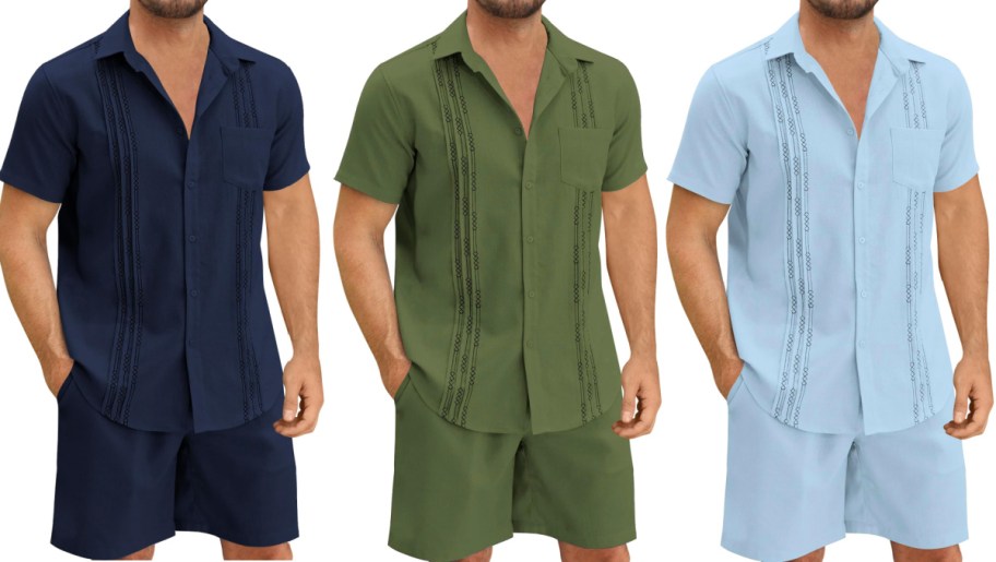 three men linen sets in different colors