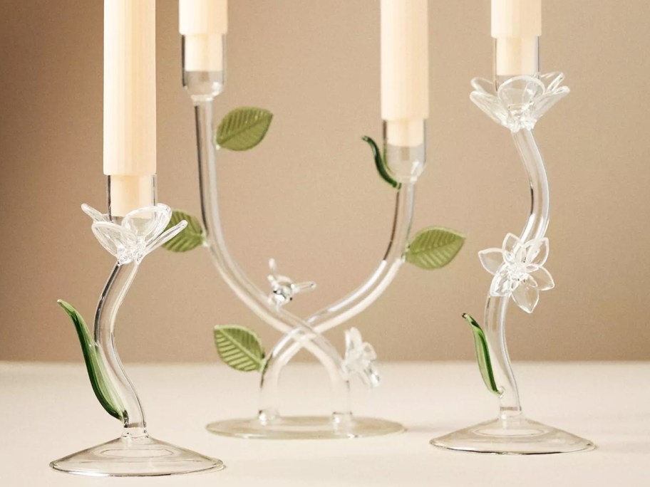 4 glass floral taper candle holders