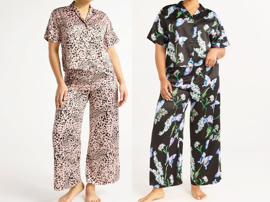 two women in satin animal and butterfly print pajama sets