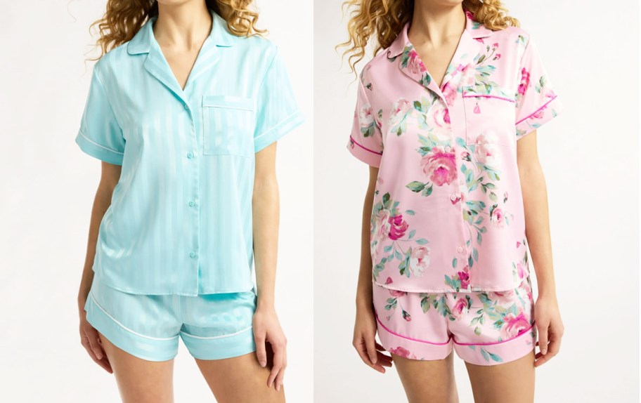 two women in blue and pink satin pajama sets