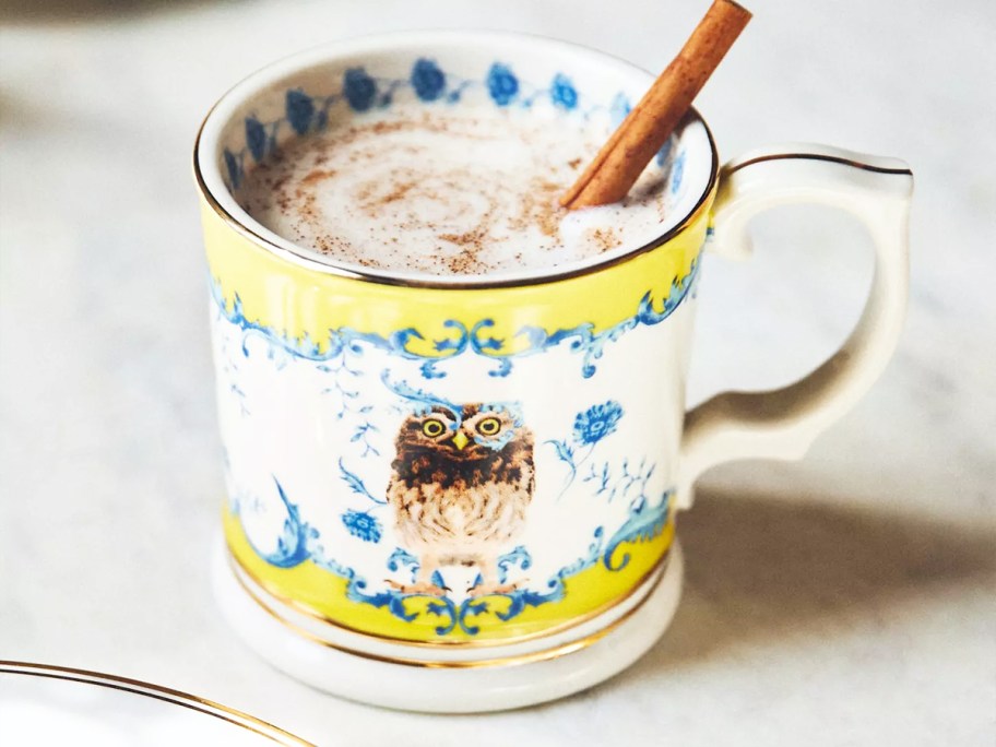 yellow and blue owl print mug