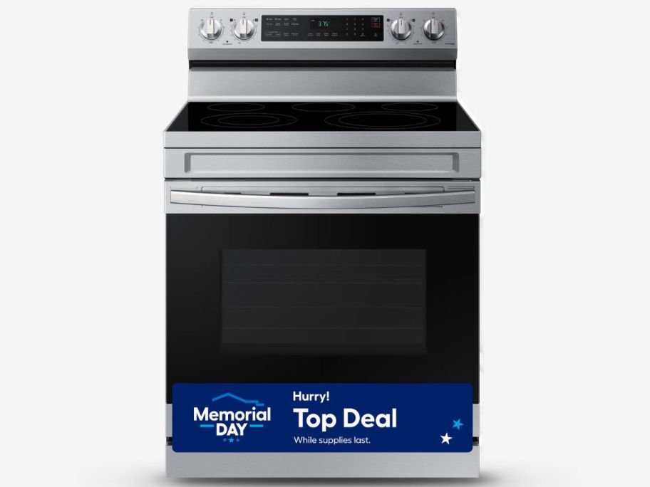 Stock images of a Samsung 30" Glass Top 5 Burner 6.3-cu ft Air Fry Convection Oven Freestanding Electric Range
