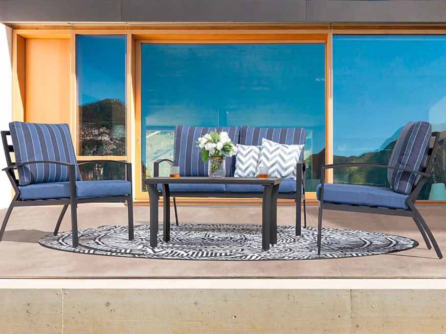 Nuu Garden 4-Piece Patio Conversation Set w/ Blue Striped Cushions