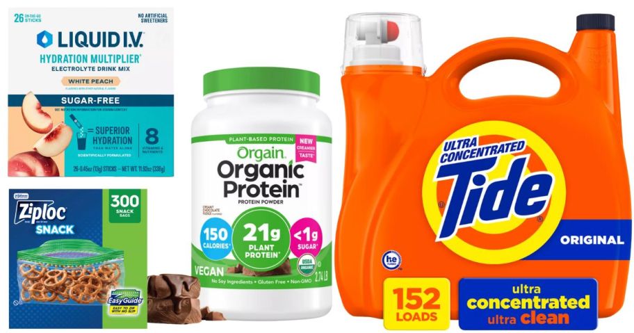 Liquid IV, Tide, Orgain Protein Powder, and Ziplock bags