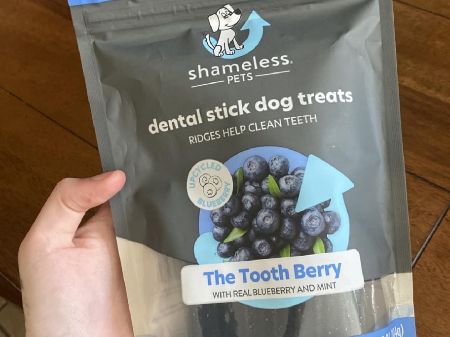 hand holding Shameless-Pets-Toothberry-Dental-Chews-Dental-Sticks