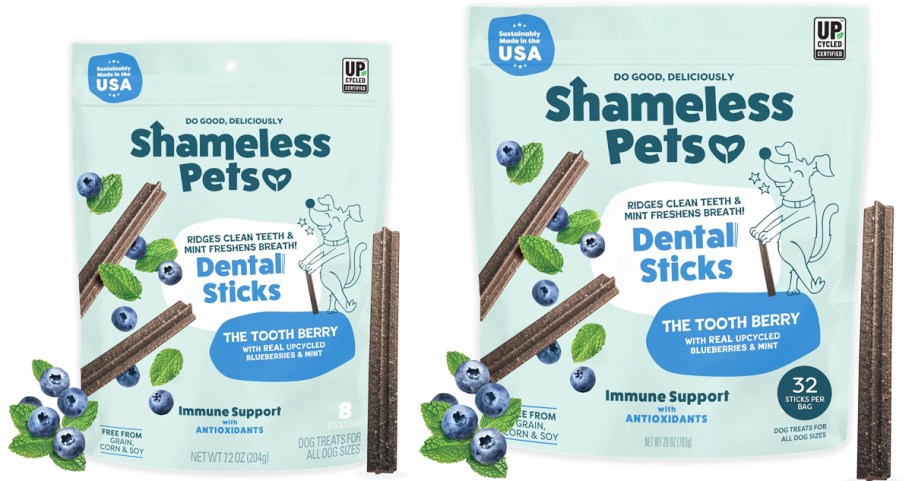 small and large bags of Shameless Pets Toothberry Dog Dental Sticks