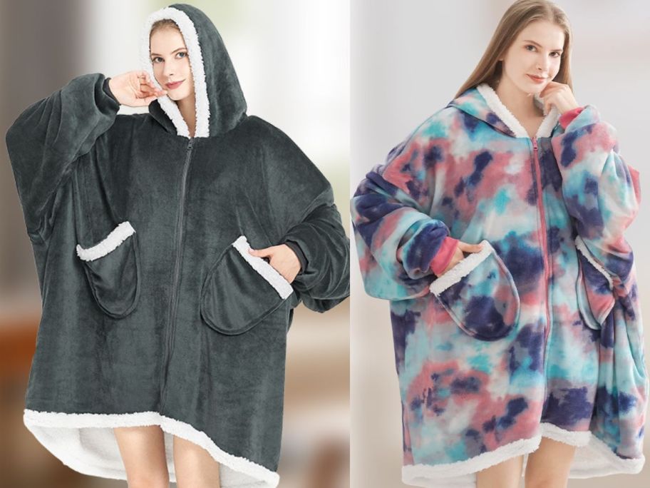 2 women wearing large blanket hoodies