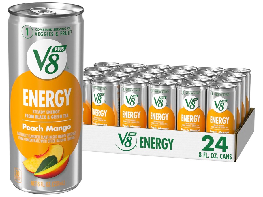 case of V8 +ENERGY Peach Mango Energy Drinks with large can in front of it