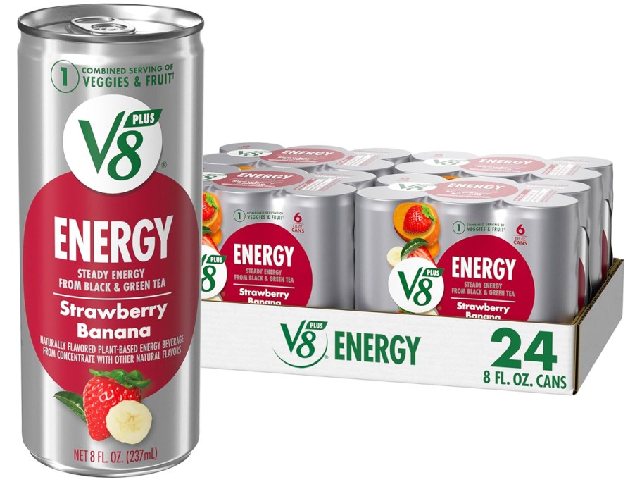 case of V8 +ENERGY Strawberry Banana Energy Drinks with large can in front of it