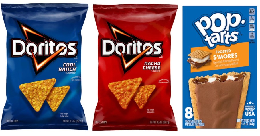 two bags of chips and box of pastry crisps