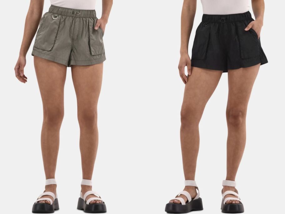 Stock images of two women wearing No Boundaries Women's Bungee Shorts