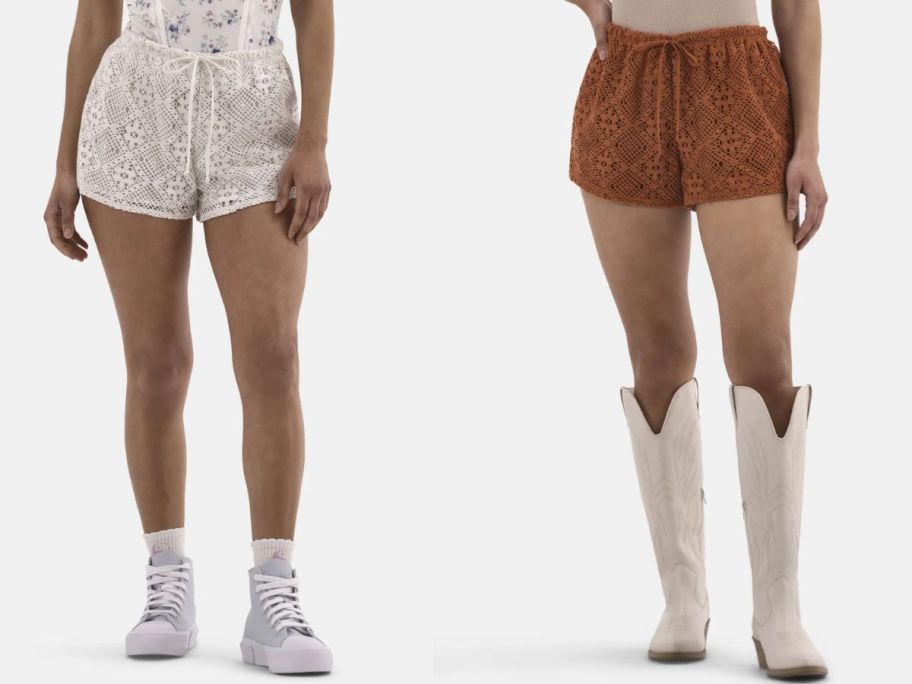 Stock images of two women wearing No Boundaries Women's Crochet Drawstring Shorts