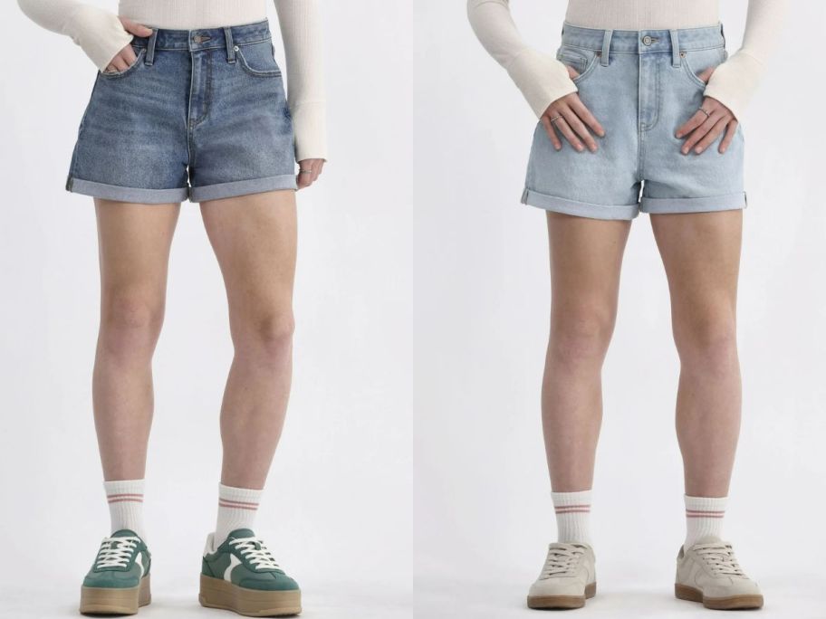 Stock images of two women wearing No Boundaries Women's High Rise Denim Rolled Cuff Shorts