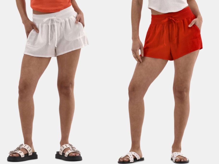 Stock images of two women wearing No Boundaries Linen Shorts