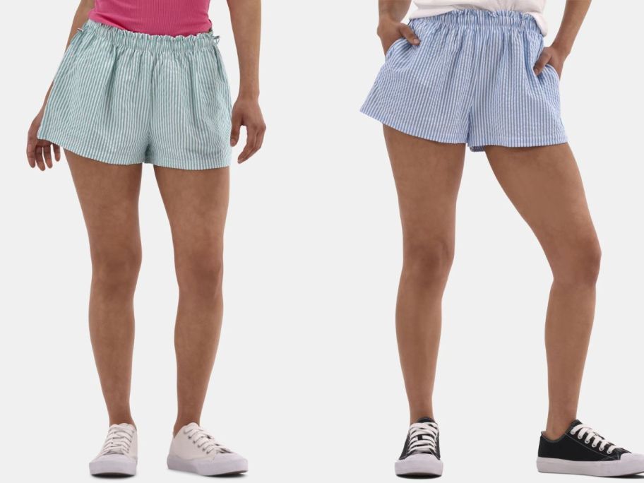 Stock images of two women wearing No Boundaries Striped Seersucker Bungee Shorts