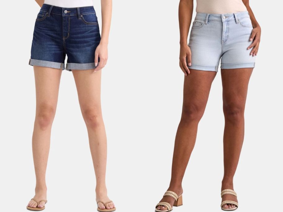 Stock images of two women wearing Time and Tru Women's Mid-Rise Denim Shorts