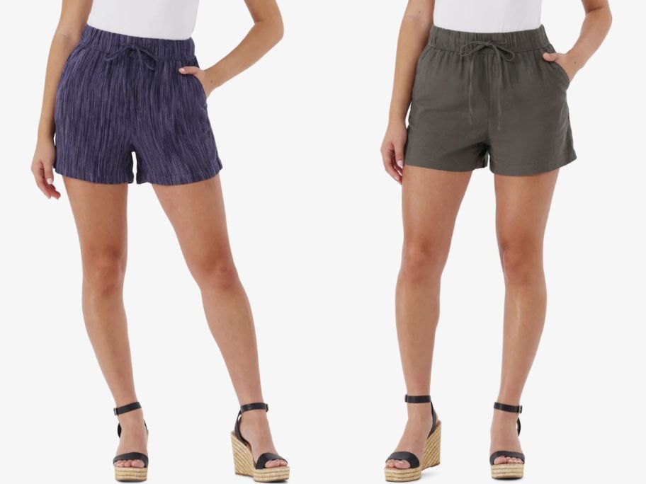 Stock images of two women wearing Time and Tru Women's Linen Blend Pull-On Shorts