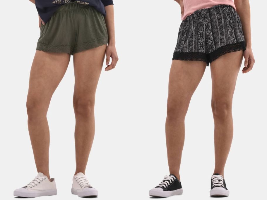 Stock images of two women wearing No Boundaries Women's Crinkle Shorts w/ Crochet Trim