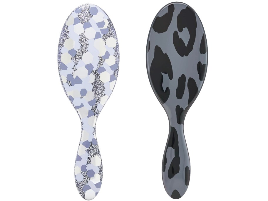 purple glitter and grey leopard print hair brushes