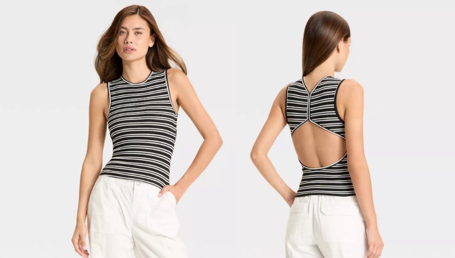 woman modeling black and white cut out tank top