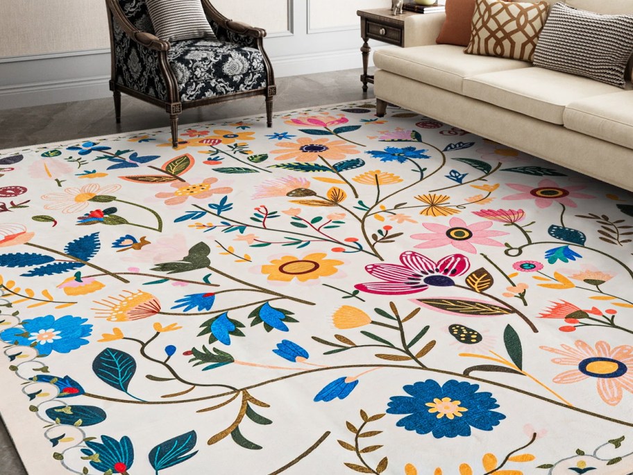 colorful floral print area rug in living room