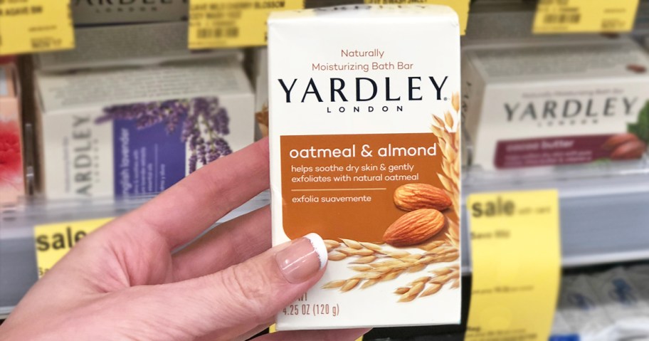hand holding up a bar of Yardley London Oatmeal & Almond soap in store