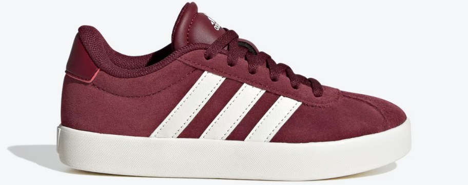 maroon adidas sneaker with white stripes