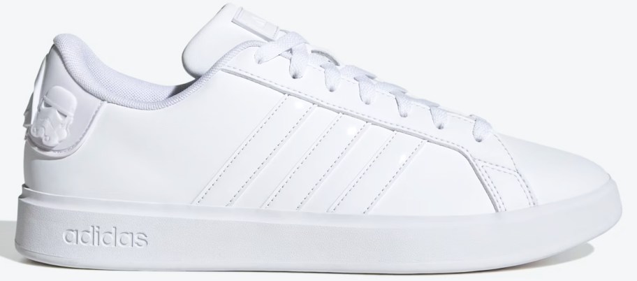 all white adidas sneaker with stormtrooper on heel