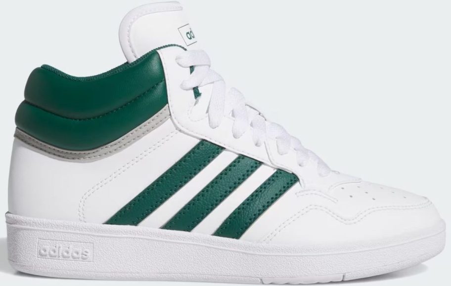 a white and green kids high top basketball shoe