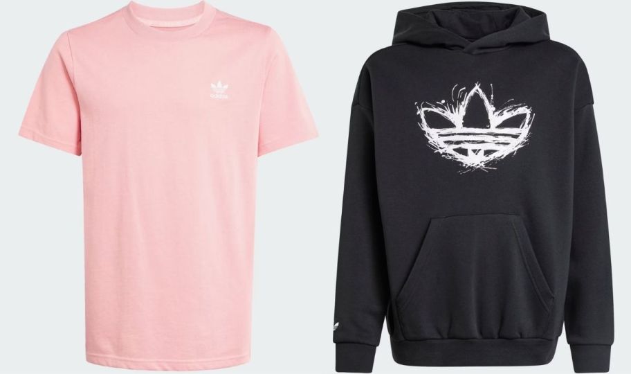 pink kids tee and black hoodie