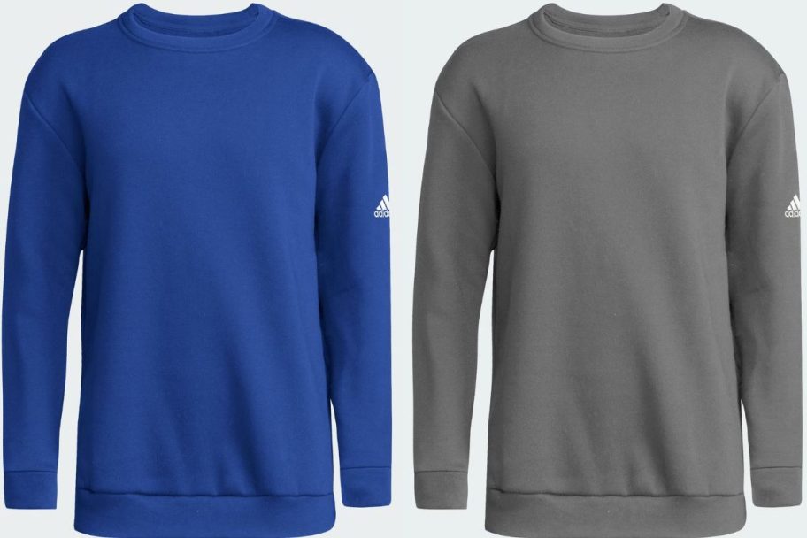 Stock images of two adidas kids Fleece Crewneck Sweatshirts