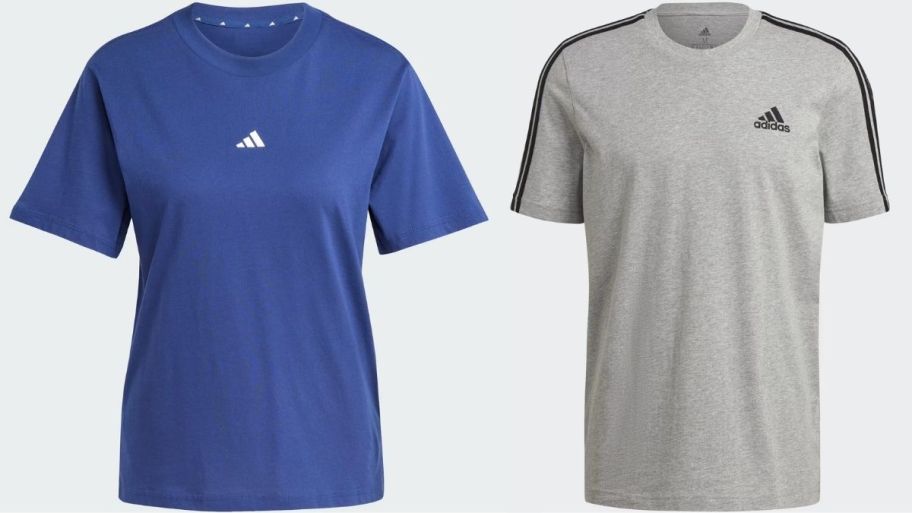 a blue womans tee shown with a gray mans tee