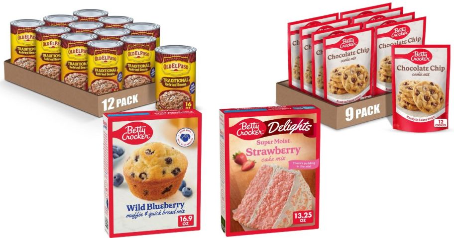 12 cans of old el paso refried beans, 9 bags of betty crocker cookies, a bag of blueberry muffins and strawberry cake mixes