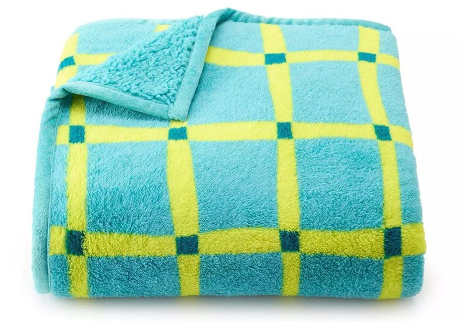 green and yellow lined The Big One Kids' Reversible Sherpa Throw Blanket stock image