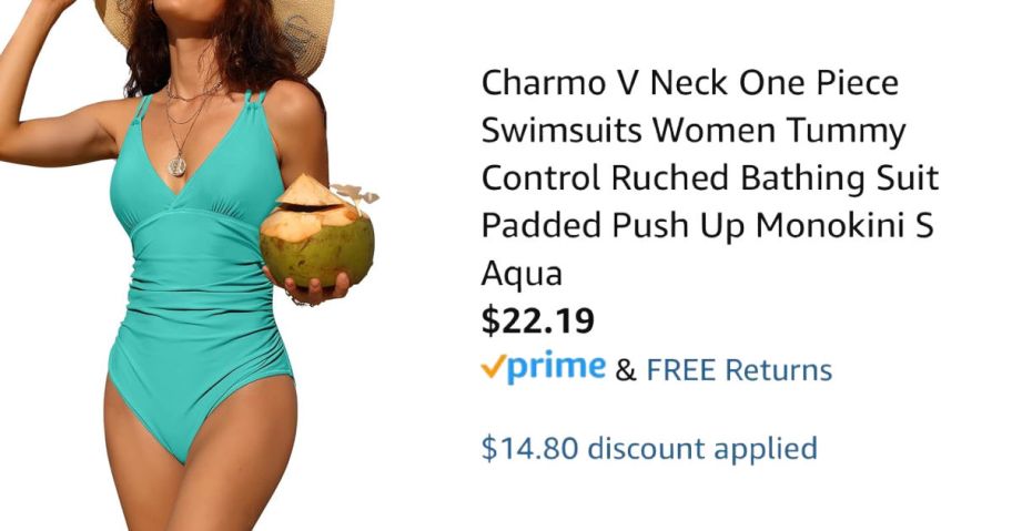 woman wearing aqua swim suit next to Amazon pricing information