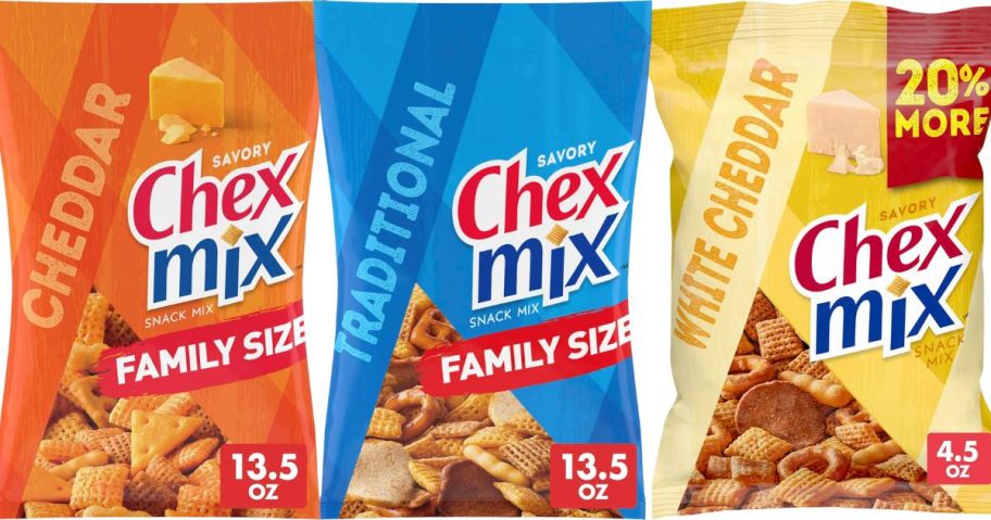 three Chex Mix Snack Mix bag stock images