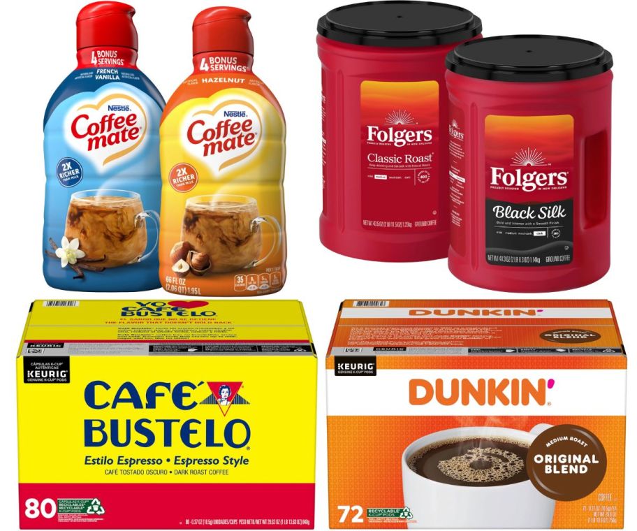 k-cup and ground coffee and two jugs of coffee mate