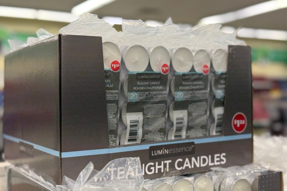 dollar tree tealight candles in packaging on display in store