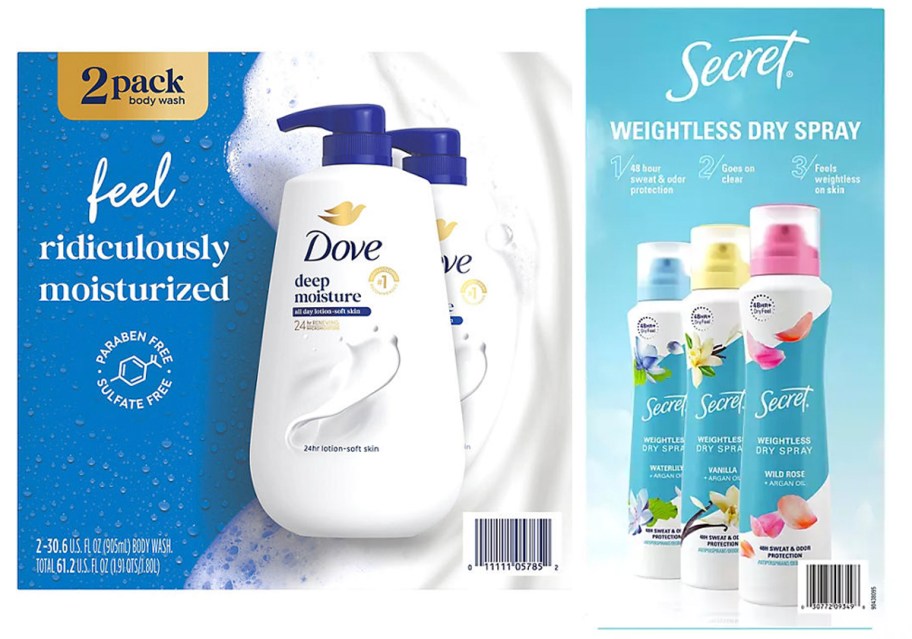 dove body wash and secret deodorant boxes 