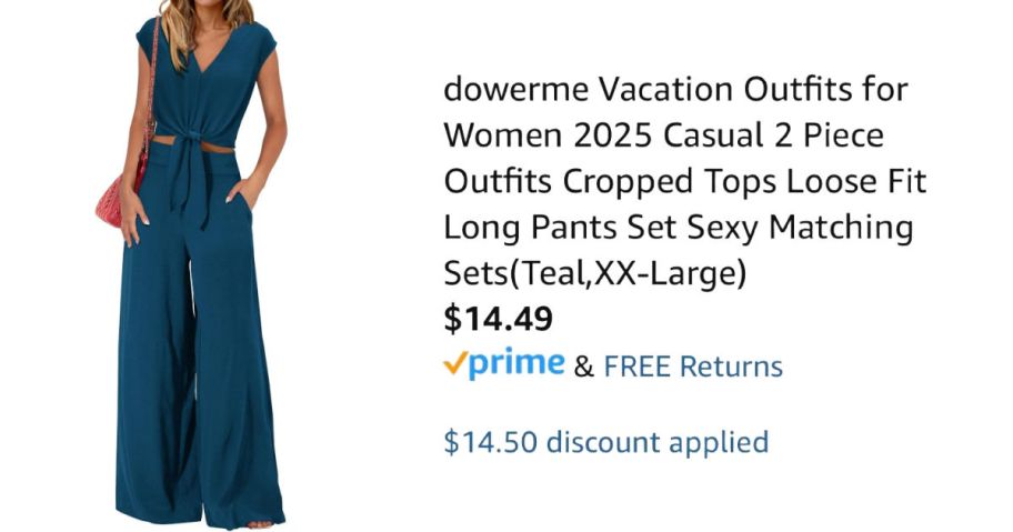 woman wearing teal outfit next to Amazon pricing information