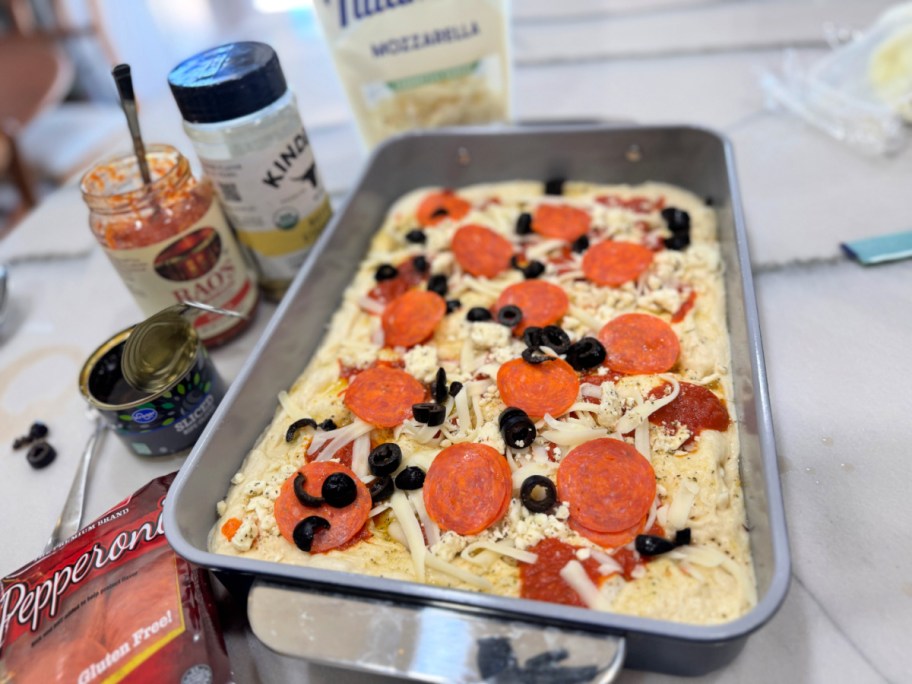 focaccia pizza before going into the oven 