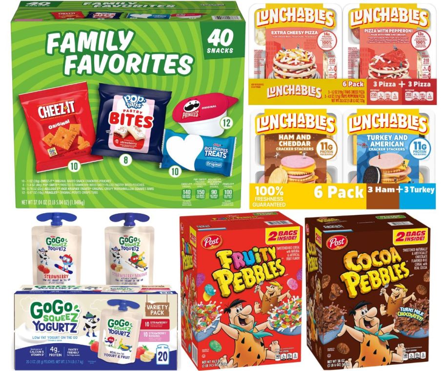 variety pack snacks, yogurts and cereals
