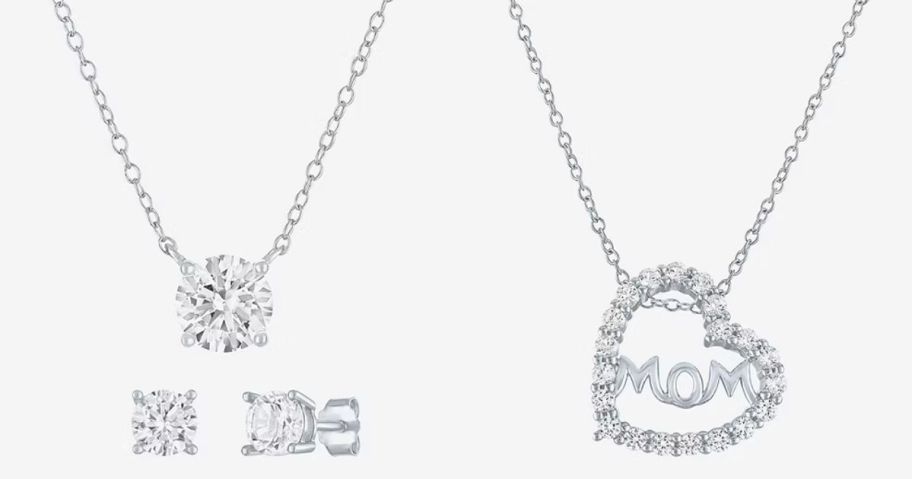 a sterling silver necklace and earring set and a sterling silver mom necklace stock image