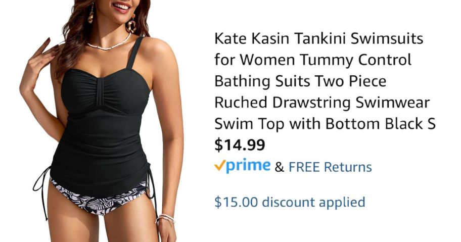 woman wearing black swim suit next to Amazon pricing information